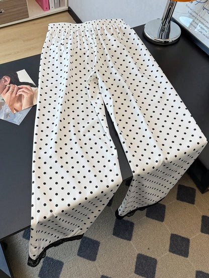 Qadelle Elegant White Woven Fabric Polka Dot Pants With Black Lace Hem Straight Leg Long Trousers For Women