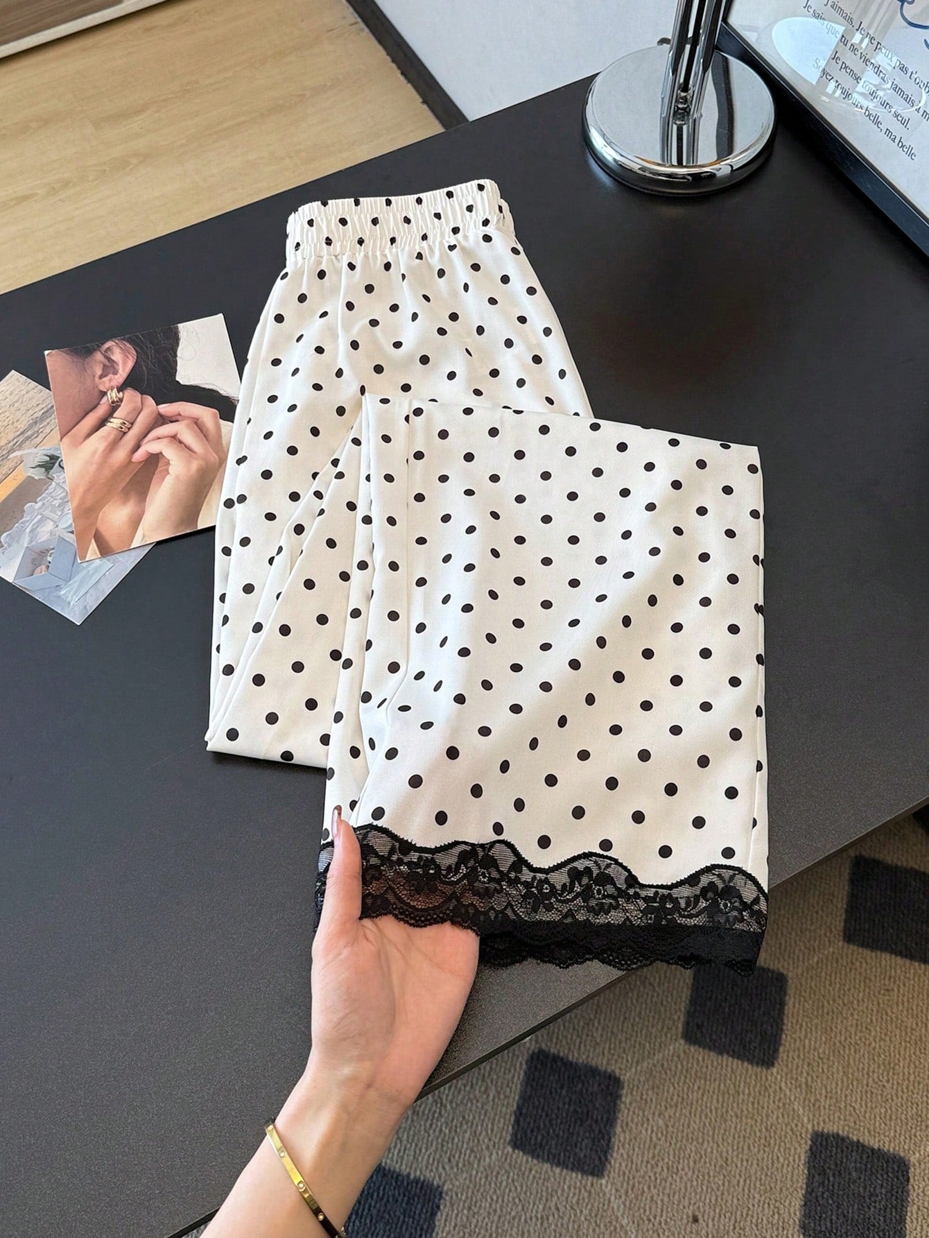 Qadelle Elegant White Woven Fabric Polka Dot Pants With Black Lace Hem Straight Leg Long Trousers For Women
