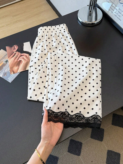 Qadelle Elegant White Woven Fabric Polka Dot Pants With Black Lace Hem Straight Leg Long Trousers For Women