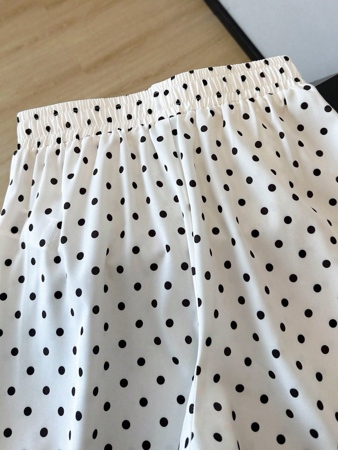 Qadelle Elegant White Woven Fabric Polka Dot Pants With Black Lace Hem Straight Leg Long Trousers For Women