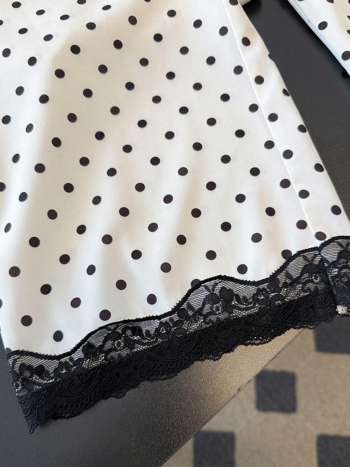 Qadelle Elegant White Woven Fabric Polka Dot Pants With Black Lace Hem Straight Leg Long Trousers For Women