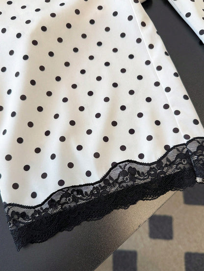 Qadelle Elegant White Woven Fabric Polka Dot Pants With Black Lace Hem Straight Leg Long Trousers For Women
