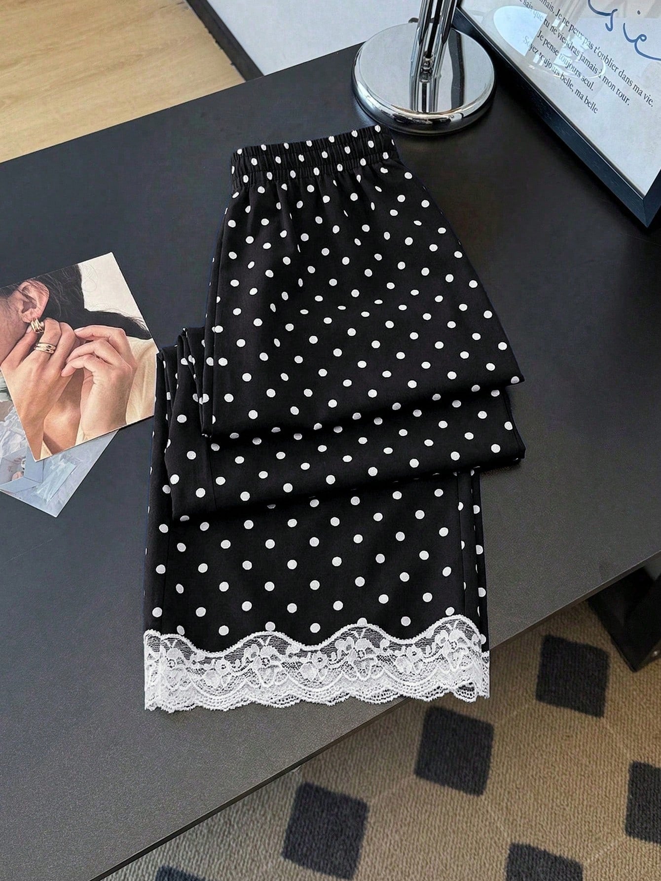 Qadelle Elegant White Woven Fabric Polka Dot Pants With Black Lace Hem Straight Leg Long Trousers For Women