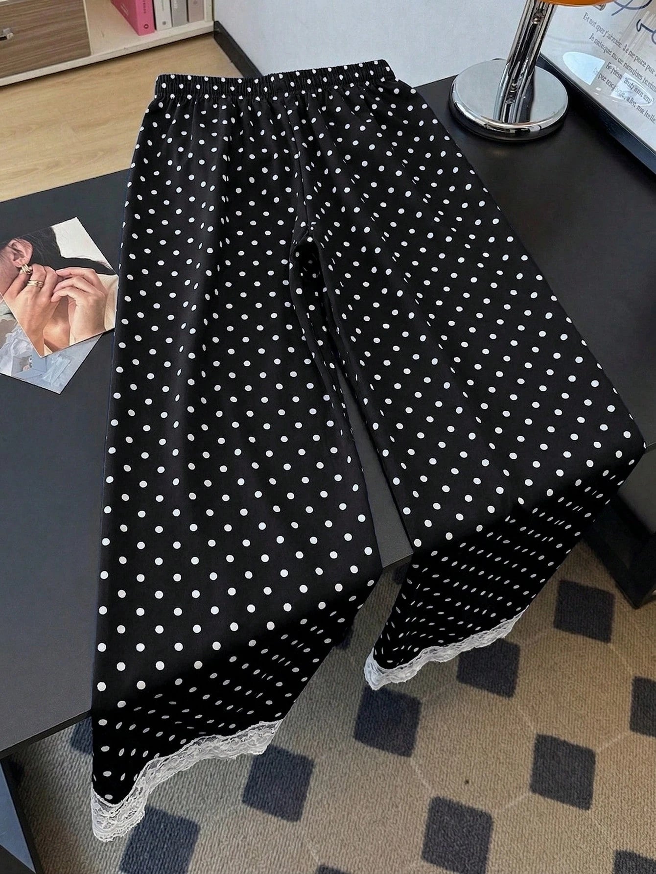 Qadelle Elegant White Woven Fabric Polka Dot Pants With Black Lace Hem Straight Leg Long Trousers For Women