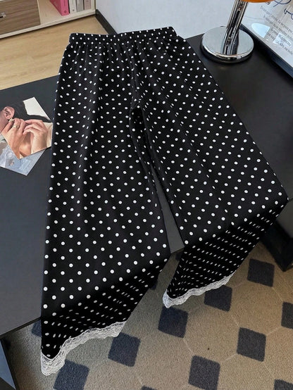 Qadelle Elegant White Woven Fabric Polka Dot Pants With Black Lace Hem Straight Leg Long Trousers For Women