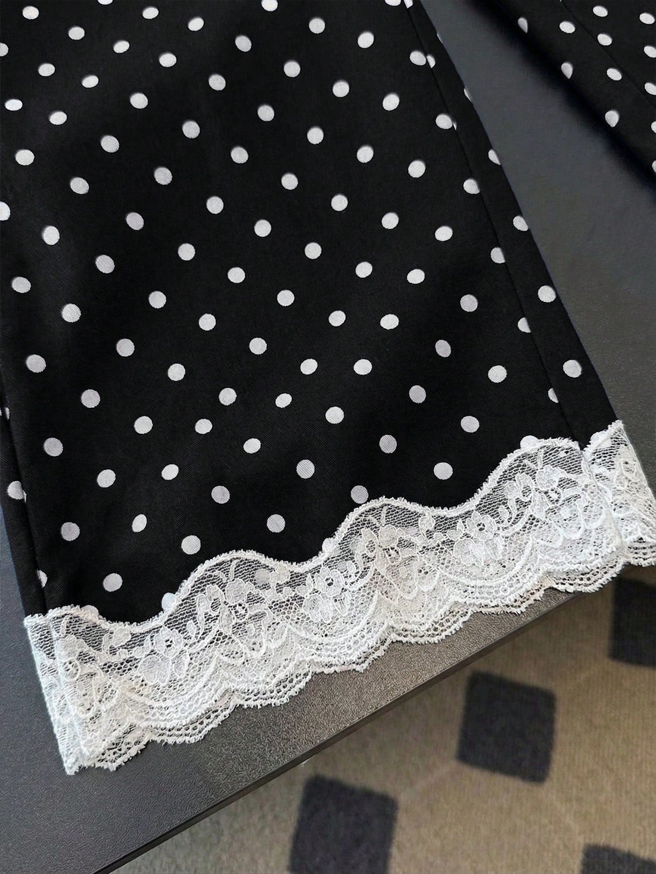 Qadelle Elegant White Woven Fabric Polka Dot Pants With Black Lace Hem Straight Leg Long Trousers For Women