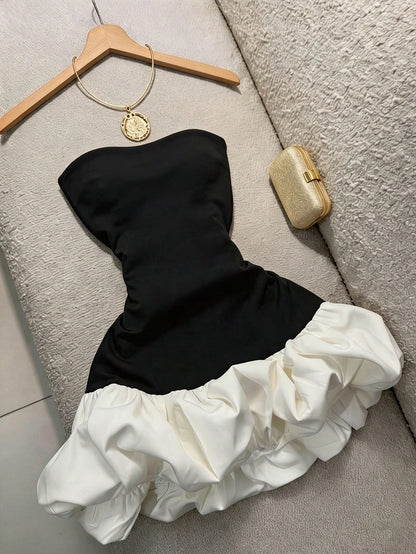 Qadelle Women's Bandeau Colorblock Puff Hem Knit Dress With Waist Cincher, Elegant Cocktail Dress For Wedding Events Zoey Clothing Zanea Dress For Women Yisikado Dress Women's Gown Z9v7r Women's Gown