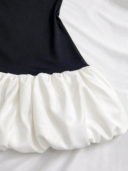 Qadelle Women's Bandeau Colorblock Puff Hem Knit Dress With Waist Cincher, Elegant Cocktail Dress For Wedding Events Zoey Clothing Zanea Dress For Women Yisikado Dress Women's Gown Z9v7r Women's Gown