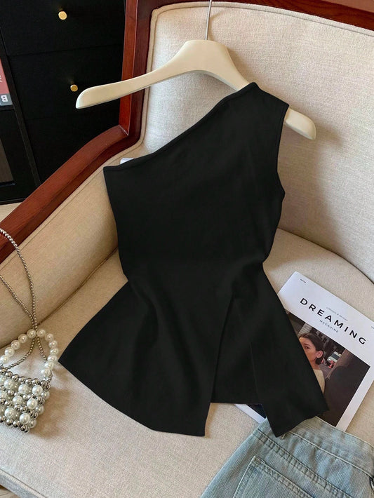 Qadelle Women's Solid Color Side Slit Hem Sleeveless Fashion Top