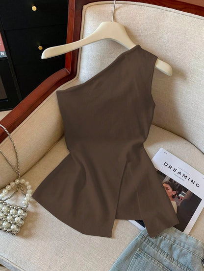 Qadelle Women's Solid Color Side Slit Hem Sleeveless Fashion Top