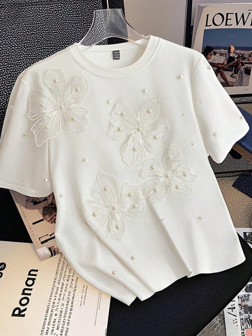 Qadelle Women's Summer Knit Elastic Round Neck Short Sleeve Studded Hollow-Out Floral Casual T-Shirt