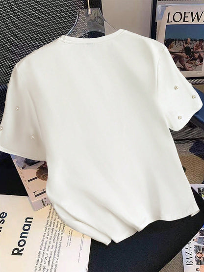 Qadelle Women's Summer Knit Elastic Round Neck Short Sleeve Studded Hollow-Out Floral Casual T-Shirt