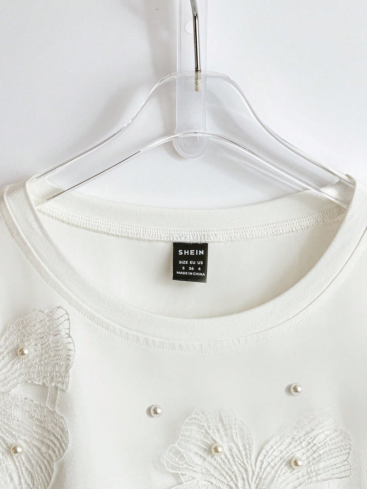 Qadelle Women's Summer Knit Elastic Round Neck Short Sleeve Studded Hollow-Out Floral Casual T-Shirt