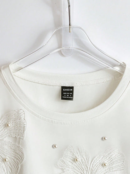 Qadelle Women's Summer Knit Elastic Round Neck Short Sleeve Studded Hollow-Out Floral Casual T-Shirt