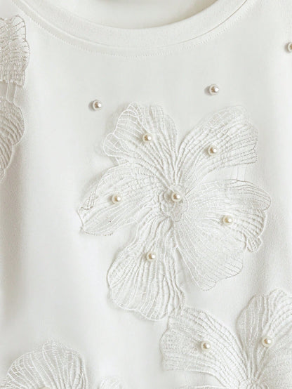 Qadelle Women's Summer Knit Elastic Round Neck Short Sleeve Studded Hollow-Out Floral Casual T-Shirt