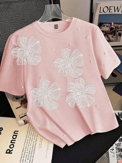Qadelle Women's Summer Knit Elastic Round Neck Short Sleeve Studded Hollow-Out Floral Casual T-Shirt