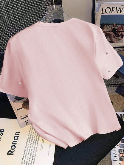 Qadelle Women's Summer Knit Elastic Round Neck Short Sleeve Studded Hollow-Out Floral Casual T-Shirt