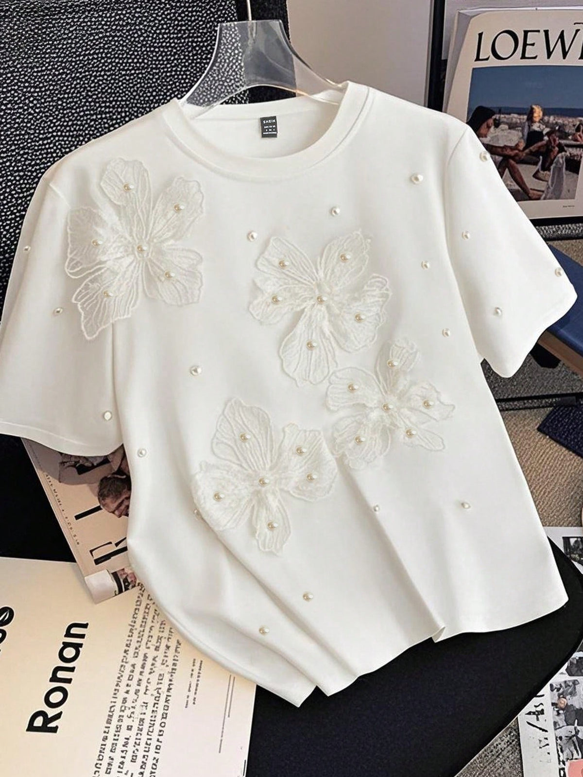 Qadelle Women's Summer Knit Elastic Round Neck Short Sleeve Studded Hollow-Out Floral Casual T-Shirt