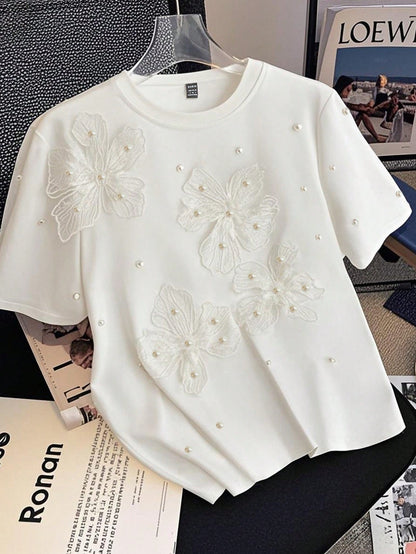 Qadelle Women's Summer Knit Elastic Round Neck Short Sleeve Studded Hollow-Out Floral Casual T-Shirt