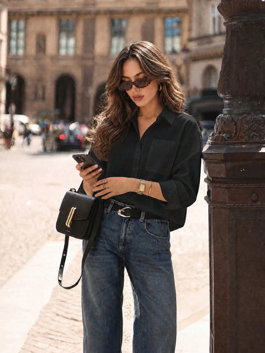 QIANZHIDU Elva Women's Solid Color Loose Long Sleeve Business Interview Commute Casual Minimalist Shirt, Suitable For Back To School, Graduation, Office, Spring Summer Autumn Wear, Simple And Elegant