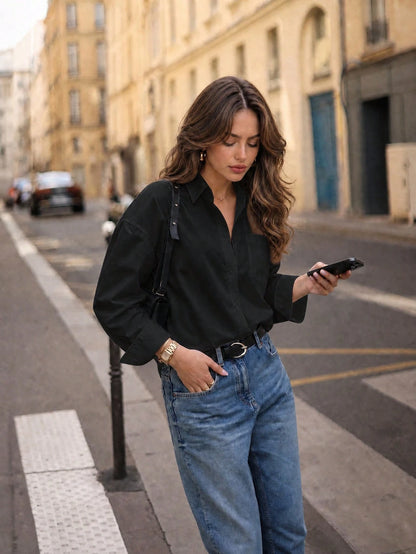 QIANZHIDU Elva Women's Solid Color Loose Long Sleeve Business Interview Commute Casual Minimalist Shirt, Suitable For Back To School, Graduation, Office, Spring Summer Autumn Wear, Simple And Elegant