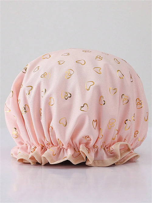 QINGMYU 2-Layer Waterproof Shower Cap, Fashionable Foil Heart Print