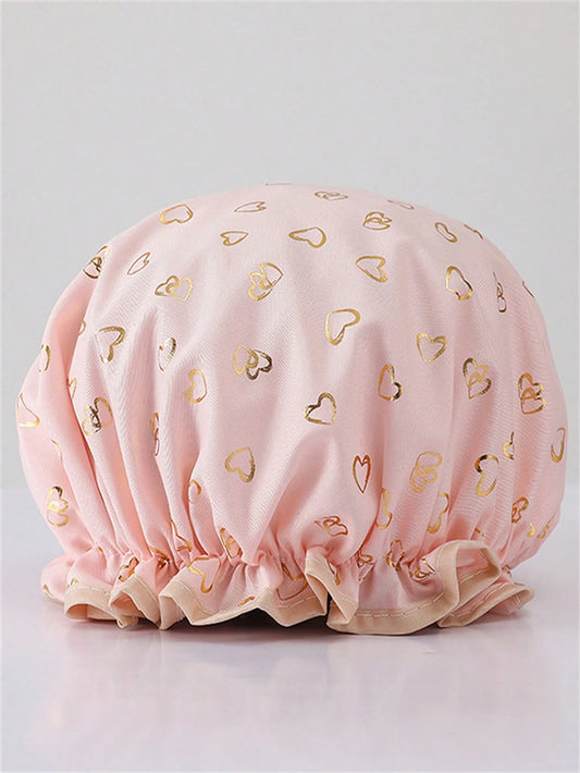 QINGMYU 2-Layer Waterproof Shower Cap, Fashionable Foil Heart Print