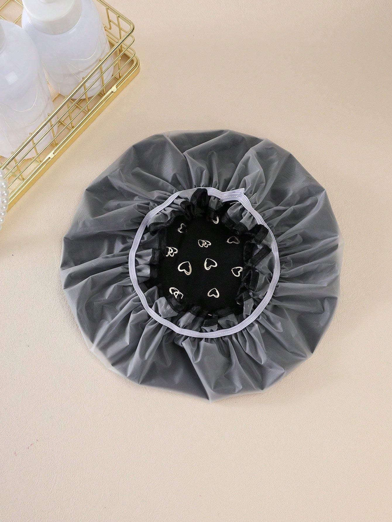 QINGMYU 2-Layer Waterproof Shower Cap, Fashionable Foil Heart Print