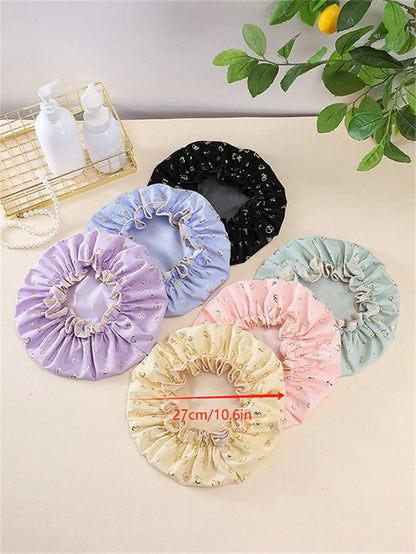 QINGMYU 2-Layer Waterproof Shower Cap, Fashionable Foil Heart Print