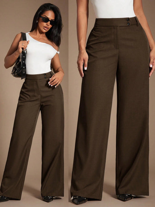 Radiana Women's Coffee Brown High-Waisted Wide Leg Pants, Autumn Business Casual Office Suit Pants, Elegant Retro Minimalist Loose Wide-Leg Workwear