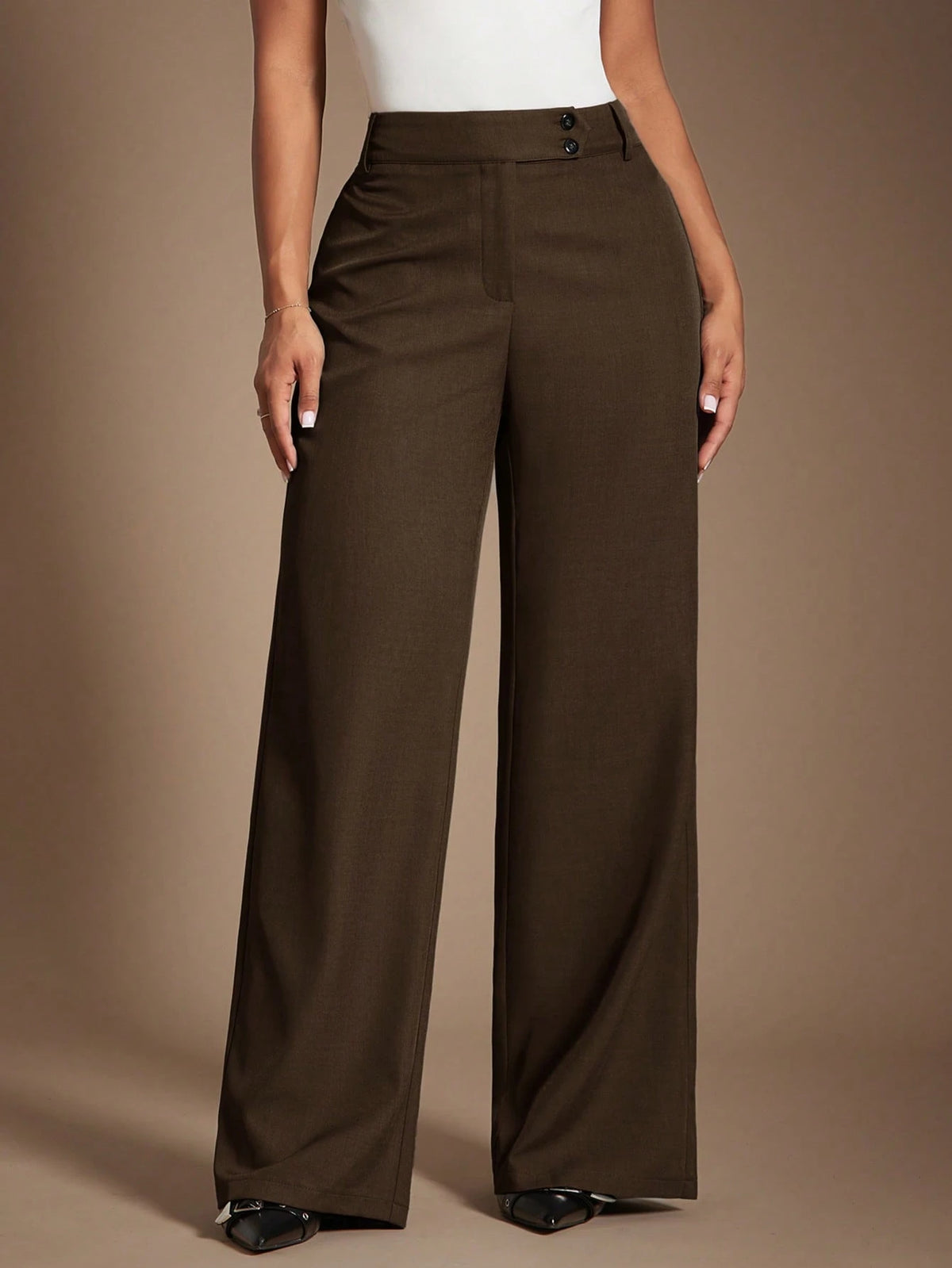 Radiana Women's Coffee Brown High-Waisted Wide Leg Pants, Autumn Business Casual Office Suit Pants, Elegant Retro Minimalist Loose Wide-Leg Workwear