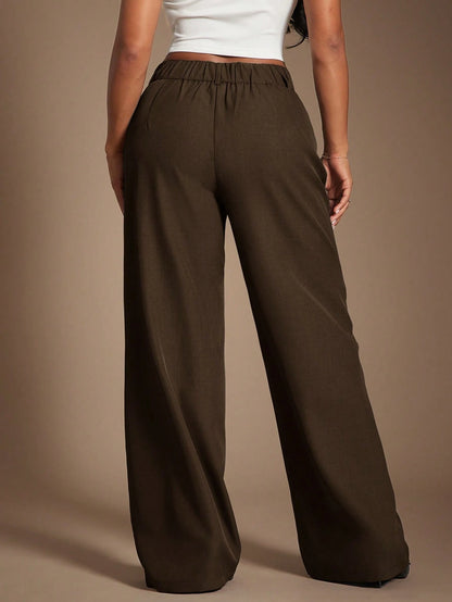 Radiana Women's Coffee Brown High-Waisted Wide Leg Pants, Autumn Business Casual Office Suit Pants, Elegant Retro Minimalist Loose Wide-Leg Workwear