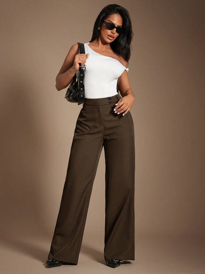Radiana Women's Coffee Brown High-Waisted Wide Leg Pants, Autumn Business Casual Office Suit Pants, Elegant Retro Minimalist Loose Wide-Leg Workwear