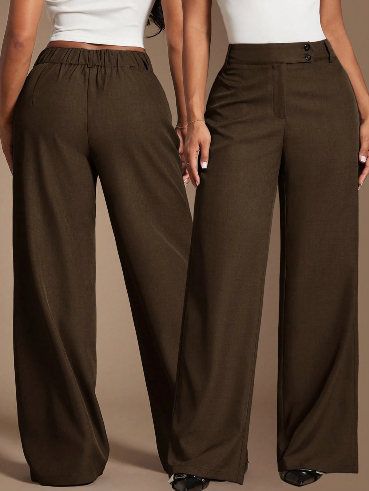 Radiana Women's Coffee Brown High-Waisted Wide Leg Pants, Autumn Business Casual Office Suit Pants, Elegant Retro Minimalist Loose Wide-Leg Workwear