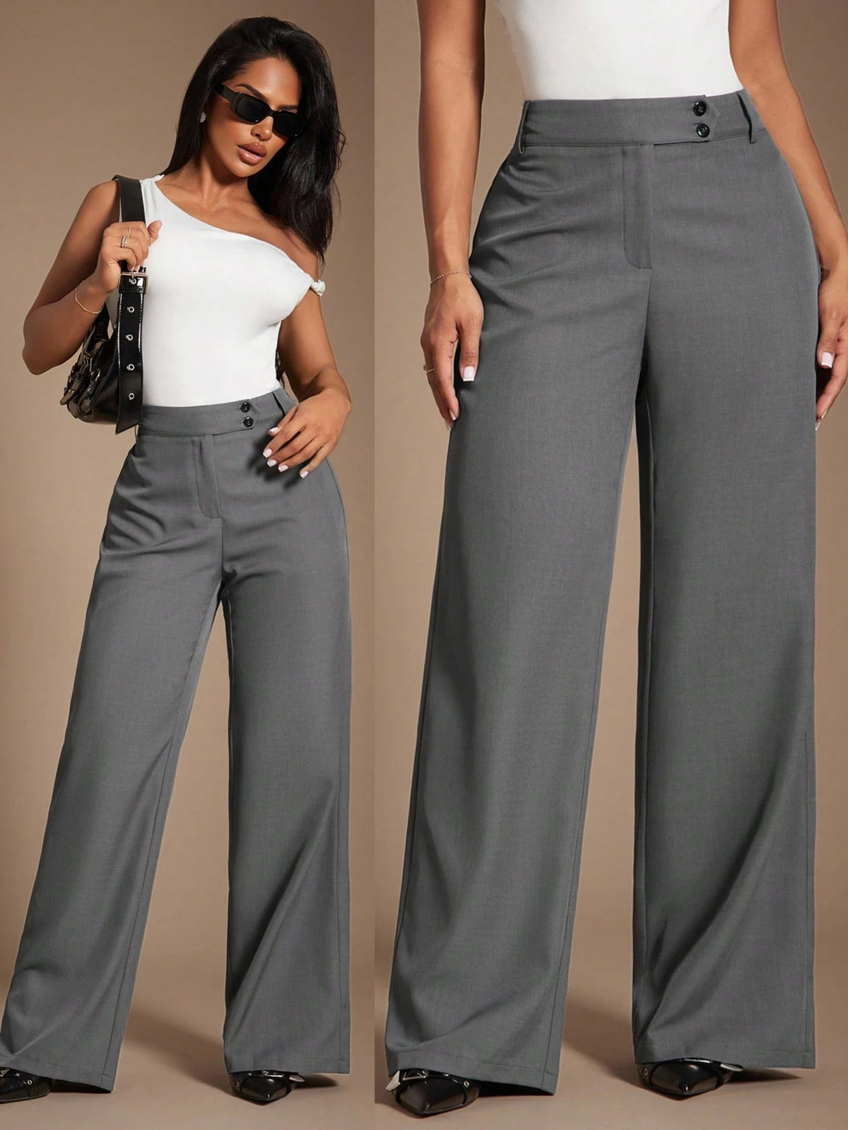 Radiana Women's Coffee Brown High-Waisted Wide Leg Pants, Autumn Business Casual Office Suit Pants, Elegant Retro Minimalist Loose Wide-Leg Workwear