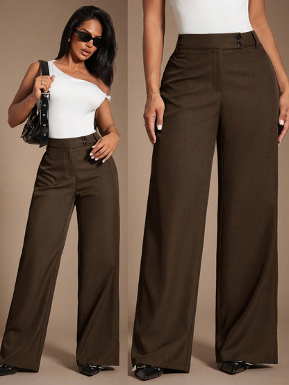 Radiana Women's Coffee Brown High-Waisted Wide Leg Pants, Autumn Business Casual Office Suit Pants, Elegant Retro Minimalist Loose Wide-Leg Workwear