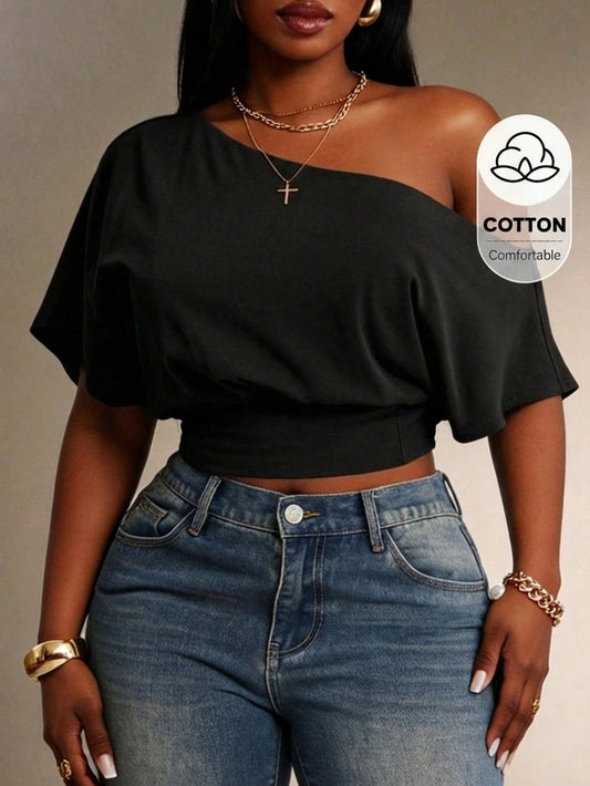Radiana Women's Comfortable Cotton Blend Short Sleeve Off Shoulder Black Crop Top Casual Wear