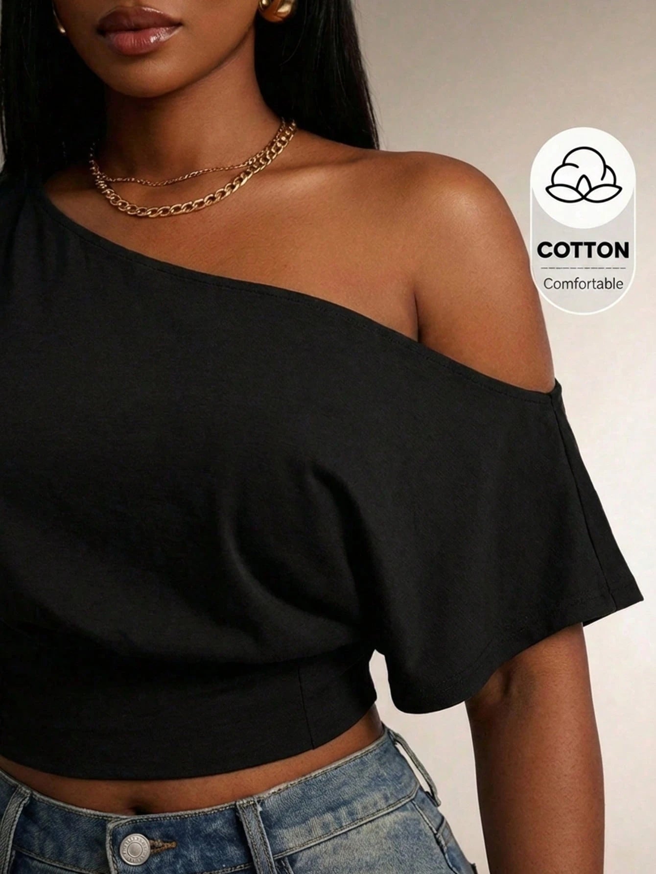 Radiana Women's Comfortable Cotton Blend Short Sleeve Off Shoulder Black Crop Top Casual Wear