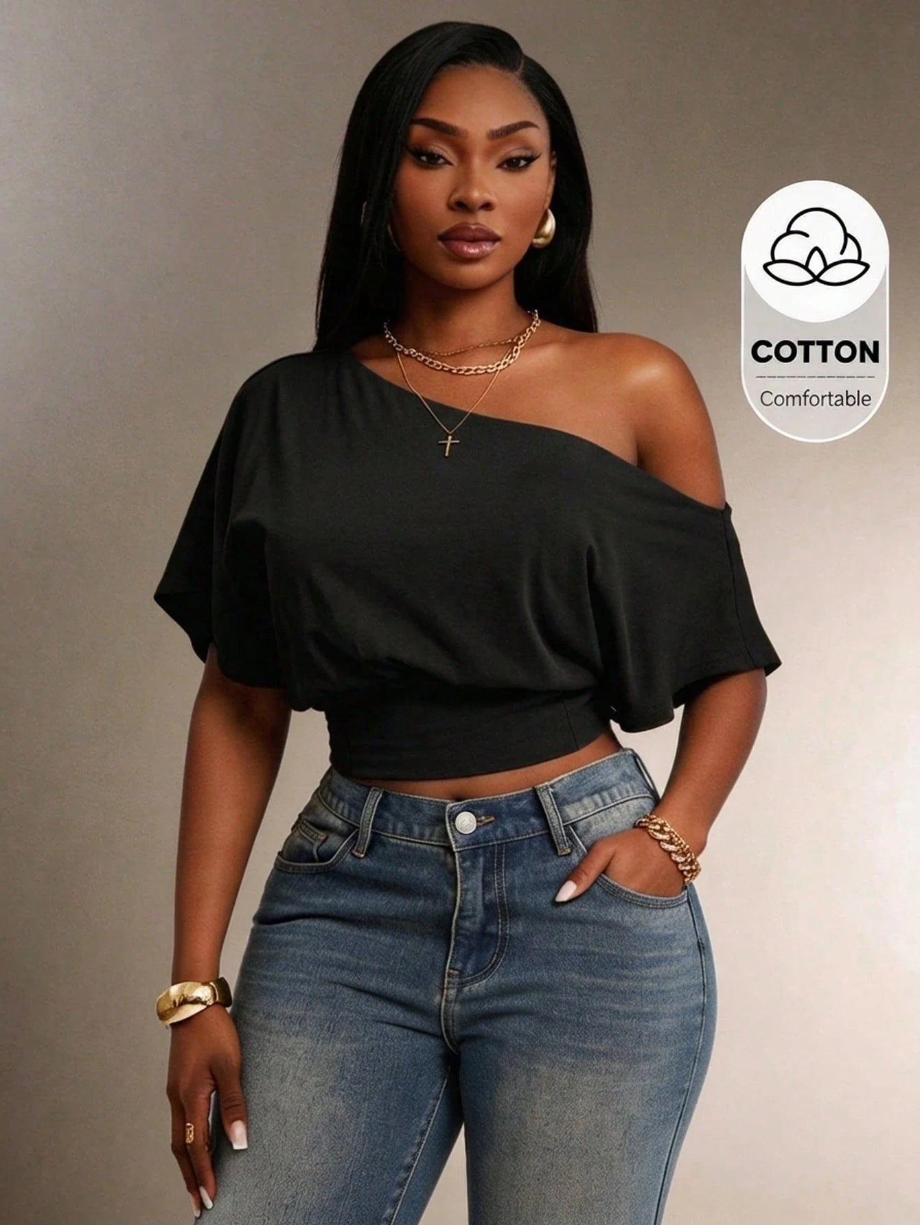 Radiana Women's Comfortable Cotton Blend Short Sleeve Off Shoulder Black Crop Top Casual Wear