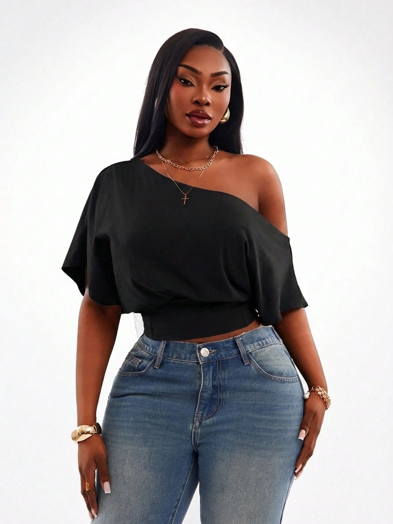 Radiana Women's Comfortable Cotton Blend Short Sleeve Off Shoulder Black Crop Top Casual Wear