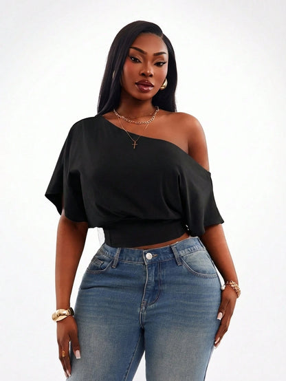 Radiana Women's Comfortable Cotton Blend Short Sleeve Off Shoulder Black Crop Top Casual Wear
