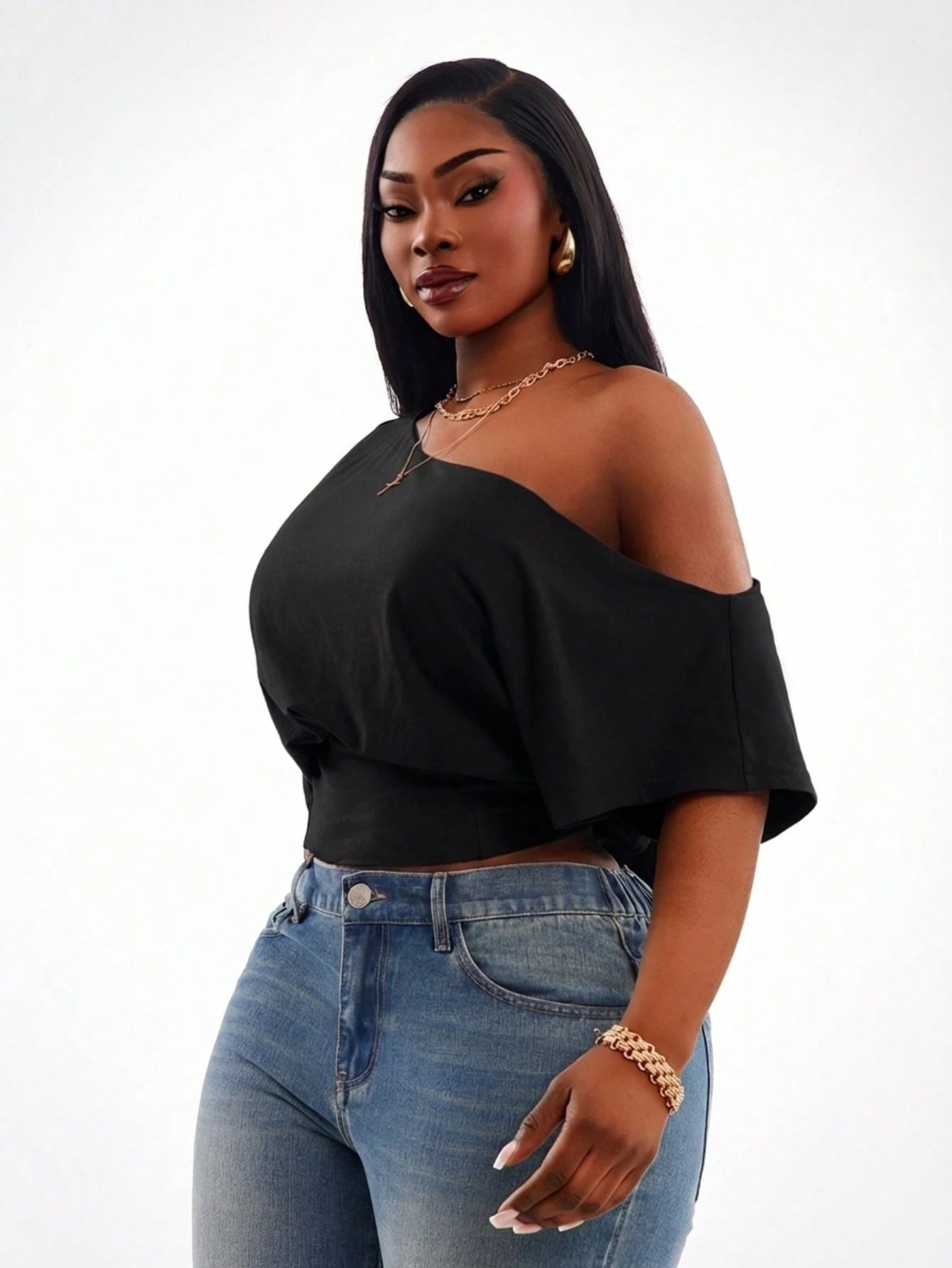 Radiana Women's Comfortable Cotton Blend Short Sleeve Off Shoulder Black Crop Top Casual Wear