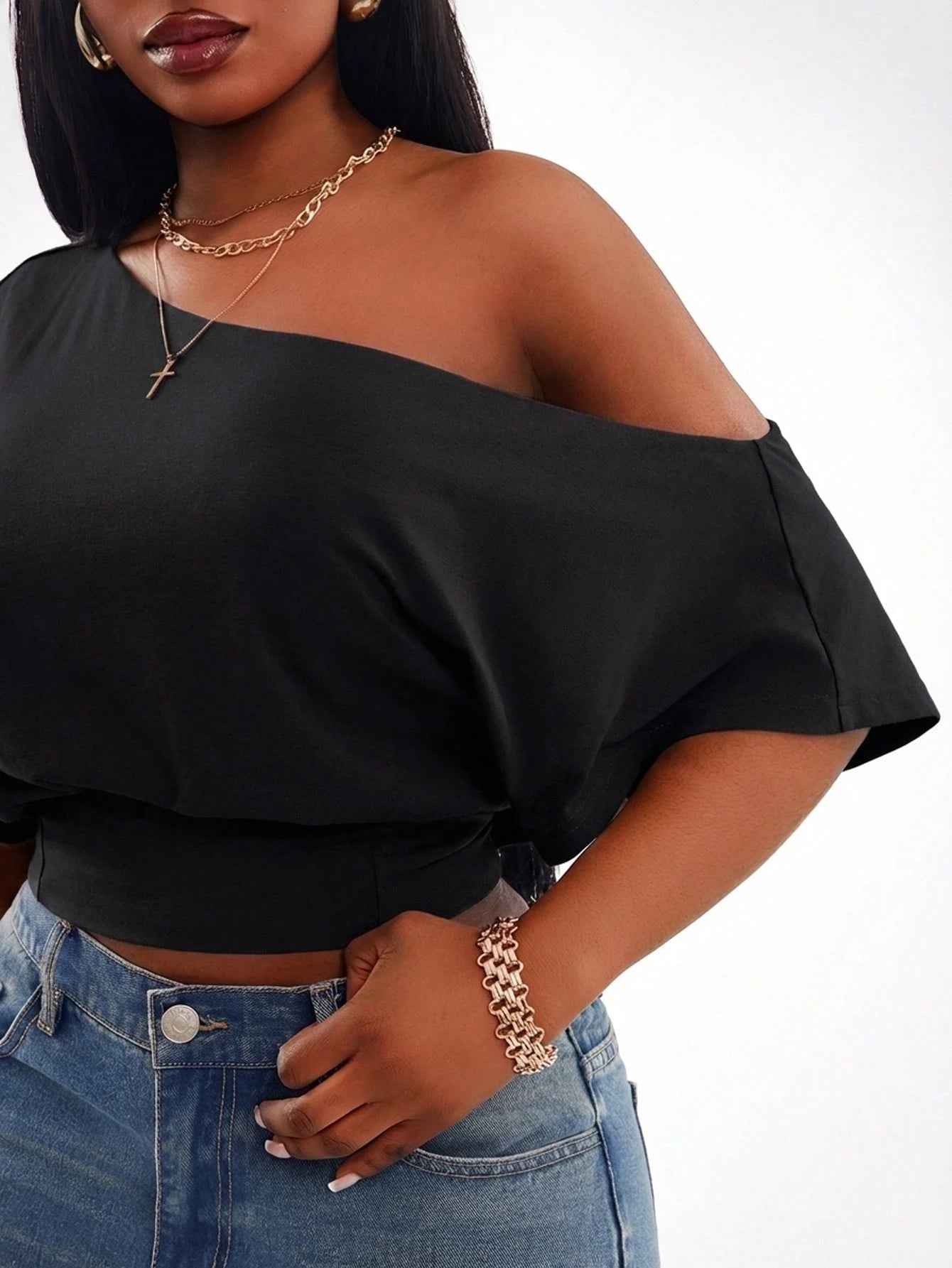 Radiana Women's Comfortable Cotton Blend Short Sleeve Off Shoulder Black Crop Top Casual Wear