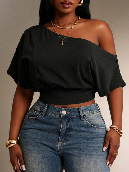 Radiana Women's Comfortable Cotton Blend Short Sleeve Off Shoulder Black Crop Top Casual Wear