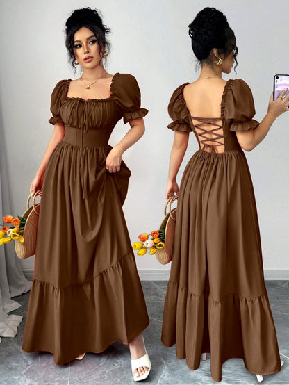 Rafferiza Women's Square Neck Puff Sleeve Front Tie Back Cutout Waist Flared Dress