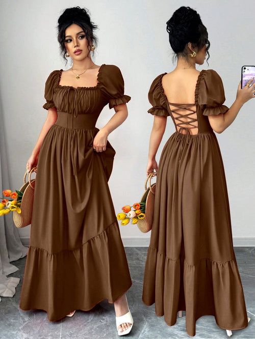 Rafferiza Women's Square Neck Puff Sleeve Front Tie Back Cutout Waist Flared Dress