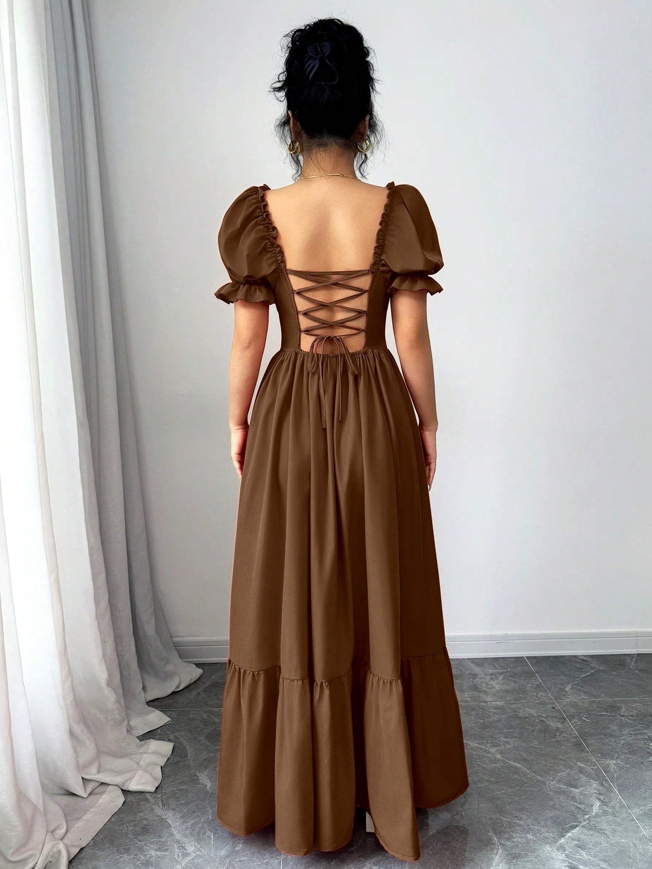 Rafferiza Women's Square Neck Puff Sleeve Front Tie Back Cutout Waist Flared Dress