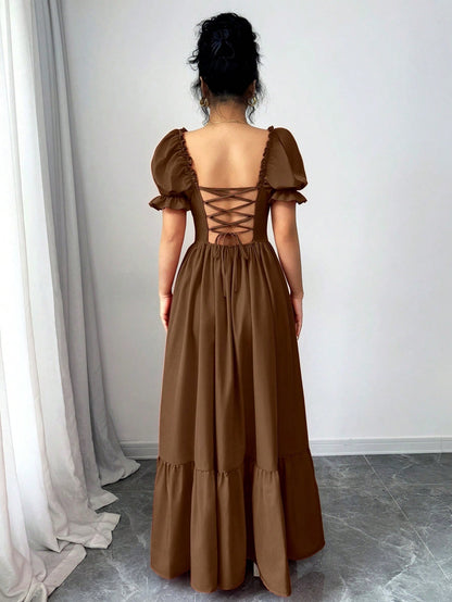 Rafferiza Women's Square Neck Puff Sleeve Front Tie Back Cutout Waist Flared Dress