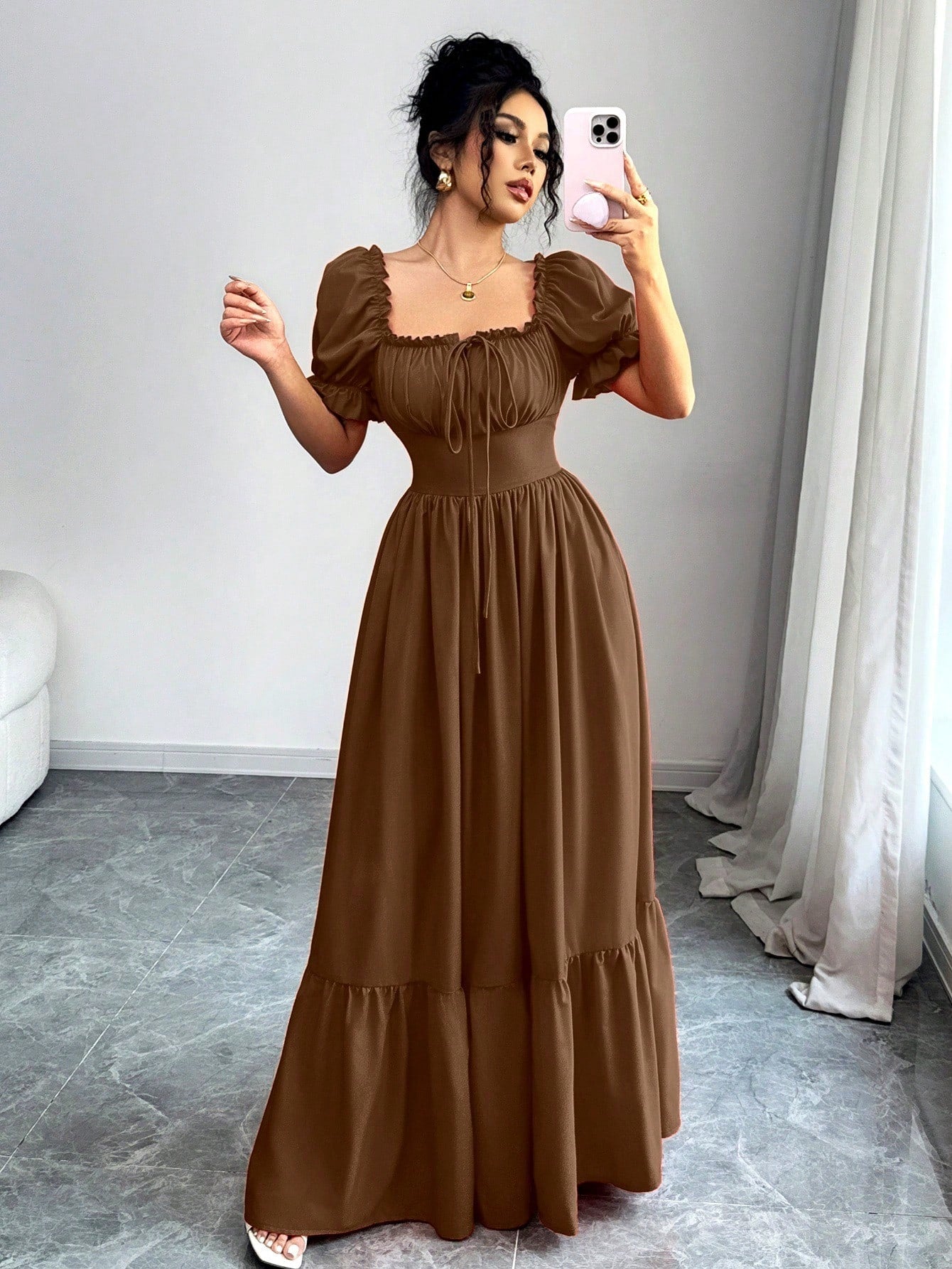 Rafferiza Women's Square Neck Puff Sleeve Front Tie Back Cutout Waist Flared Dress