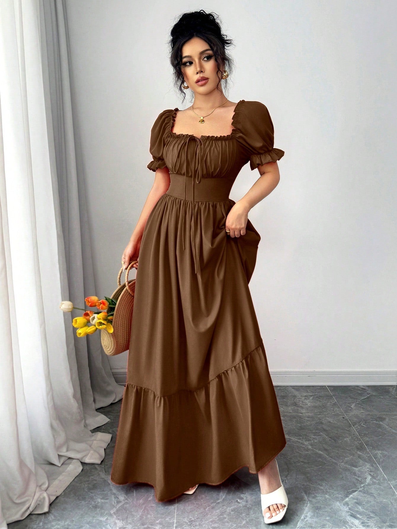 Rafferiza Women's Square Neck Puff Sleeve Front Tie Back Cutout Waist Flared Dress